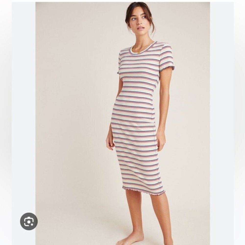 Sundry Stripe Short Sleeve‎ Midi Dress Yellow Red XS